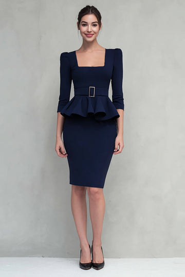 Robe de travail midi à col carré à volants bleu marine